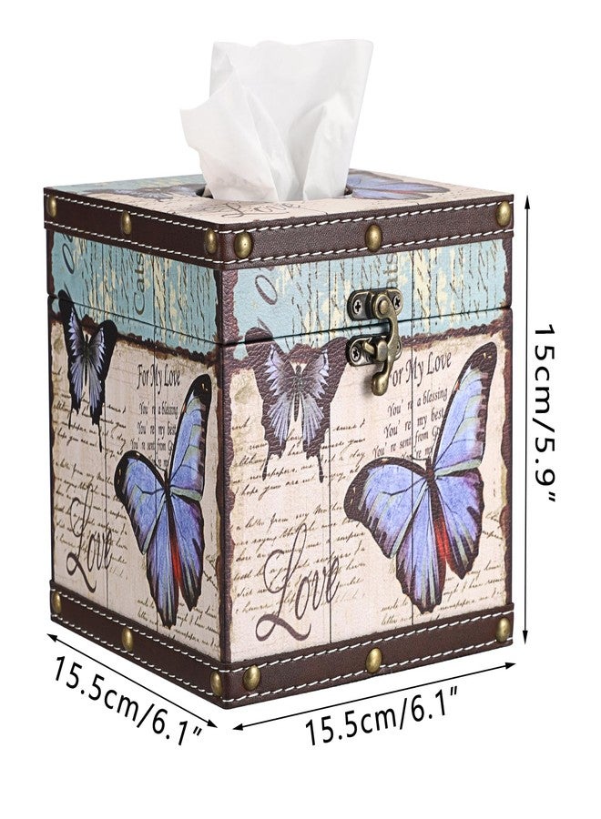 Hoowen Vintage Tissue Box Cover, Wood Square Tissue Box Holder, Decorative Butterflies Design Faux Leather Tissue Holders for Table Bathroom Living Room Kitchen Office Car Home Decor, Bluish Purple - Image 3